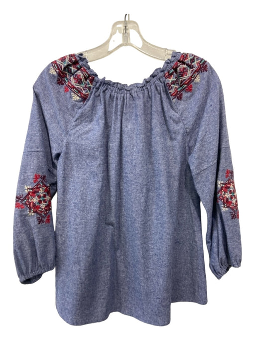 THML Size XS Blue & Red Cotton Embroidered Round Split Neck 3/4 Sleeve Top Blue & Red / XS