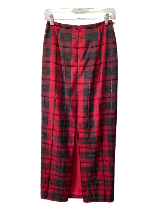 Chetta B Size 2 Red & Black Silk Plaid Beaded Detail Maxi Back Zip Skirt Red & Black / 2