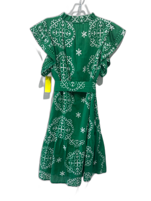 Joy Joy Size XS Green & White Cotton Cap Sleeve Embroidered Split Neck Dress Green & White / XS