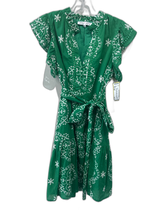 Joy Joy Size XS Green & White Cotton Cap Sleeve Embroidered Split Neck Dress Green & White / XS