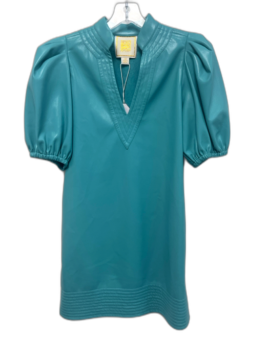 Emily McCarthy Size XS Teal Blue Polyester Half Puff Sleeve V Neck Dress Teal Blue / XS