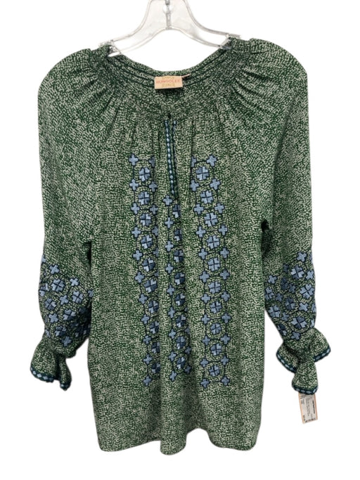 Rungolee Size XXS Green, Blue, White Long Sleeve Embroidered Abstract Print Top Green, Blue, White / XXS