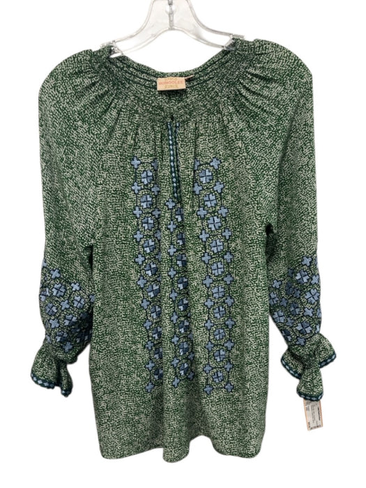 Rungolee Size XXS Green, Blue, White Long Sleeve Embroidered Abstract Print Top Green, Blue, White / XXS