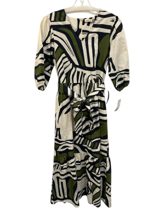 Maude Vivante Size XS Beige, Green, Black Cotton Abstract Midi Dress Beige, Green, Black / XS