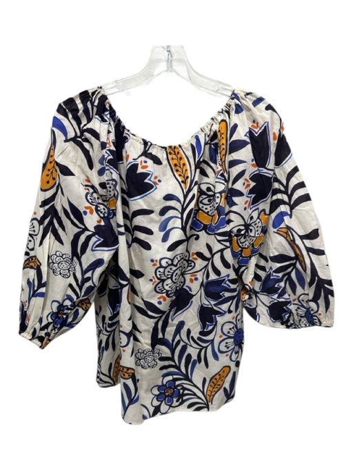 Ann Mashburn Size M Cream, Purple, Blue, Yellow Cotton Tie Neck Floral Top Cream, Purple, Blue, Yellow / M