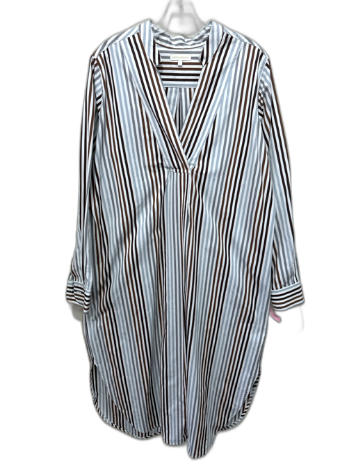 Ann Mashburn Size L Brown, Blue, White Cotton Split hem Stripe V Neck Midi Dress Brown, Blue, White / L