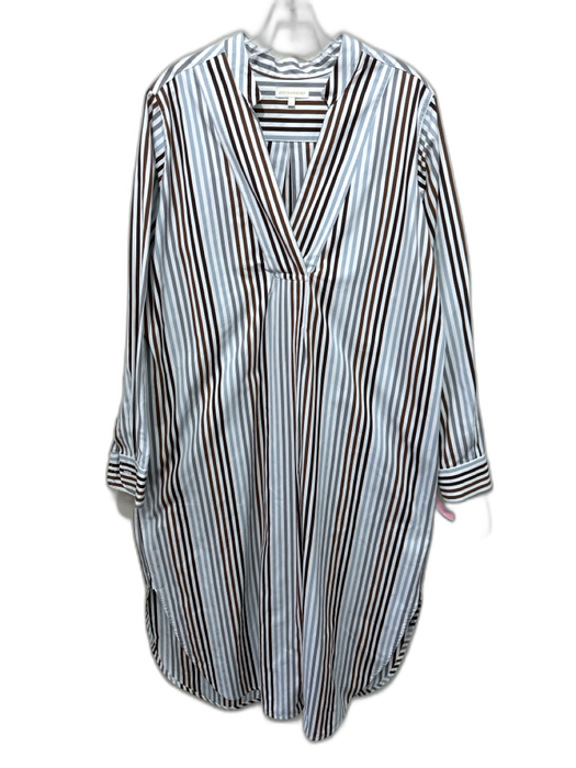 Ann Mashburn Size L Brown, Blue, White Cotton Split hem Stripe V Neck Midi Dress Brown, Blue, White / L