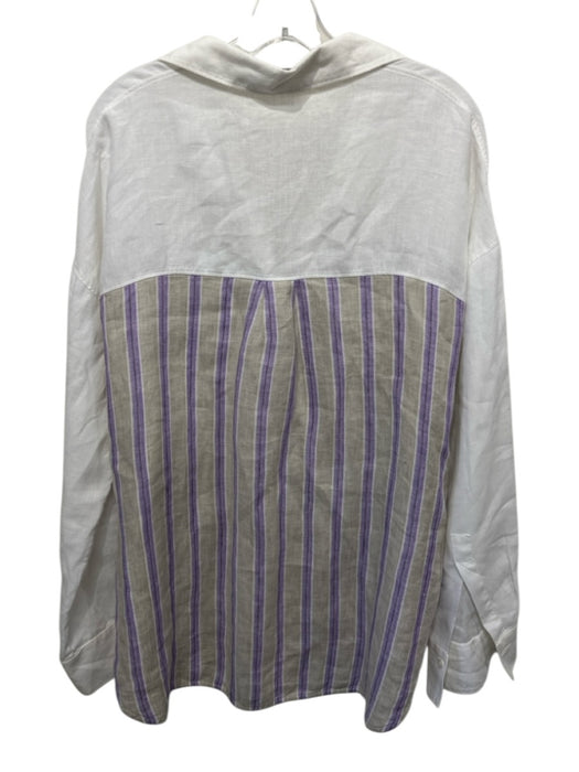 Rosso35 Size 46 White, Purple, Multi Linen Striped Long Sleeve V Neck Collar Top White, Purple, Multi / 46