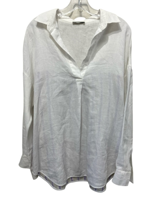 Rosso35 Size 46 White, Purple, Multi Linen Striped Long Sleeve V Neck Collar Top White, Purple, Multi / 46