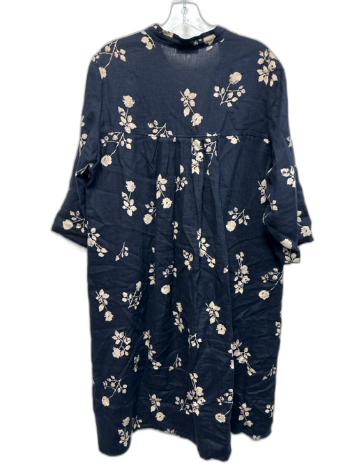 Rosso35 Size 44 Navy Blue & Beige Linen 1/2 Sleeve Botanical Print Midi Dress Navy Blue & Beige / 44