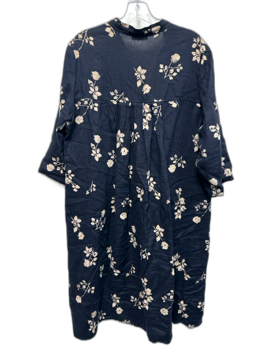 Rosso35 Size 44 Navy Blue & Beige Linen 1/2 Sleeve Botanical Print Midi Dress Navy Blue & Beige / 44