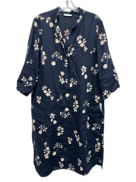 Rosso35 Size 44 Navy Blue & Beige Linen 1/2 Sleeve Botanical Print Midi Dress Navy Blue & Beige / 44