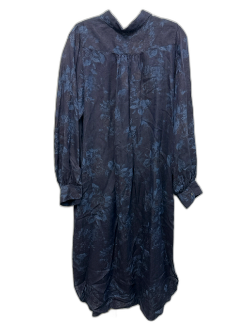 Ann Mashburn Size M Navy Blue Linen Long puff sleeve Floral Print Midi Dress Navy Blue / M