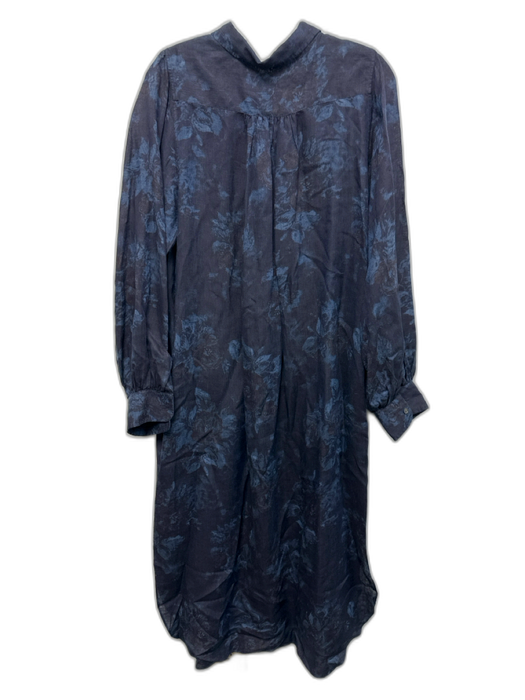 Ann Mashburn Size M Navy Blue Linen Long puff sleeve Floral Print Midi Dress Navy Blue / M