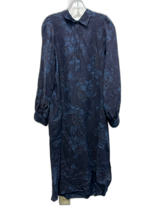 Ann Mashburn Size M Navy Blue Linen Long puff sleeve Floral Print Midi Dress Navy Blue / M