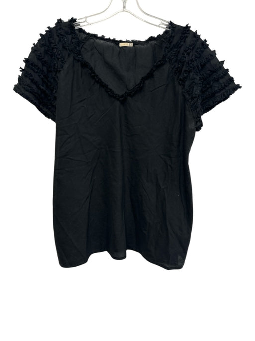 Matta Size L Black Cotton Raw Edge Ruffle Detail Short Sleeve V Neck Top Black / L