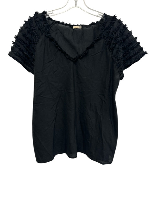 Matta Size L Black Cotton Raw Edge Ruffle Detail Short Sleeve V Neck Top Black / L