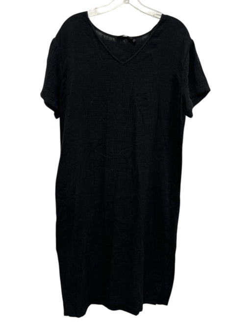 Jenni Kayne Size M Black Cotton Short Sleeve Waffle V Neck Side Slit Dress Black / M