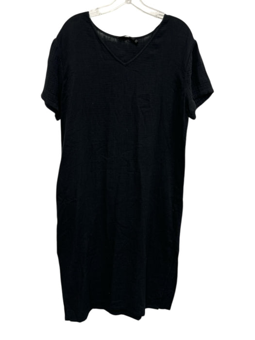 Jenni Kayne Size M Black Cotton Short Sleeve Waffle V Neck Side Slit Dress Black / M