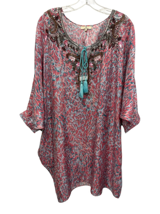 Charlotte Sparre Size M Pink, Baby Blue & Turquoise Silk Spotted Beaded Dress Pink, Baby Blue & Turquoise / M