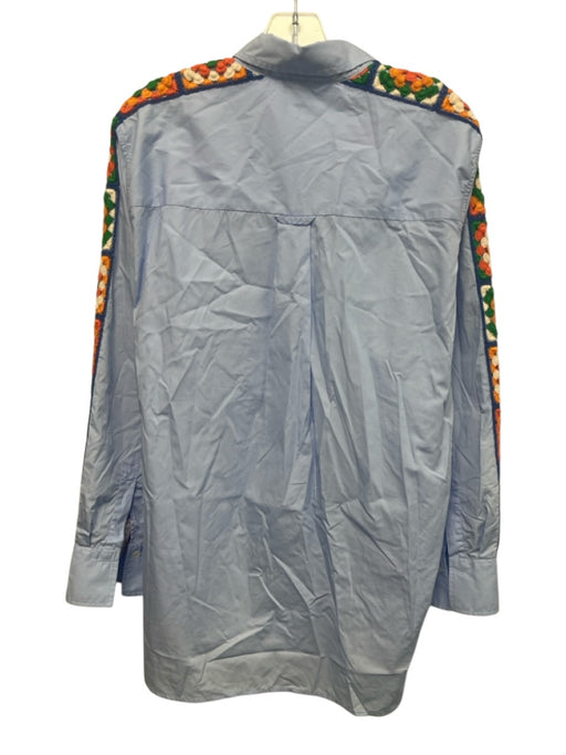 Caliban Size 48 Light Blue & Multi Cotton Long Sleeve Knit Detail Button Up Top Light Blue & Multi / 48