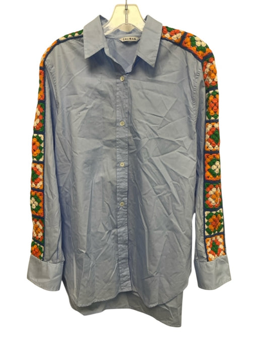 Caliban Size 48 Light Blue & Multi Cotton Long Sleeve Knit Detail Button Up Top Light Blue & Multi / 48