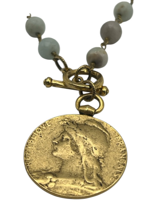 Blue & Brown Gold Tone Metal Bead Precious Stone Coin Pendant Necklace Blue & Brown