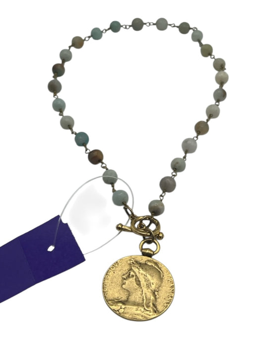 Blue & Brown Gold Tone Metal Bead Precious Stone Coin Pendant Necklace Blue & Brown
