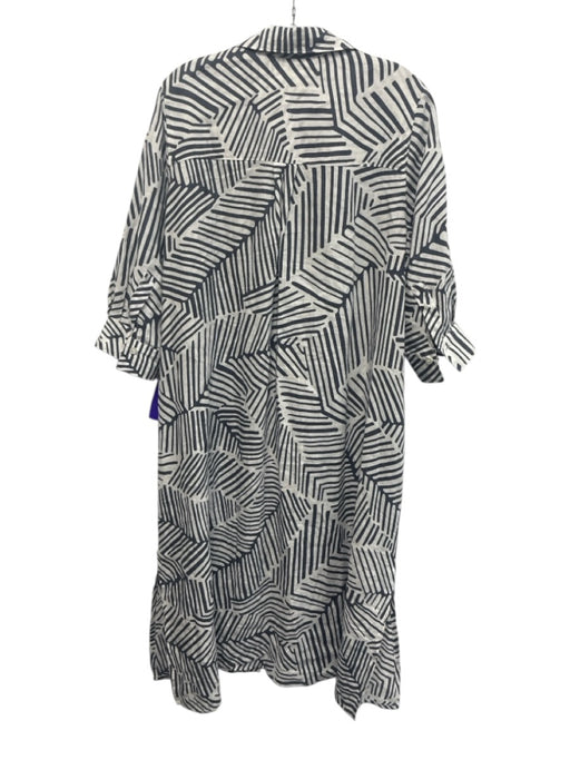 Rosso35 Size 46 White & Navy Blue Linen Geometric Stripe Half Sleeve Dress White & Navy Blue / 46