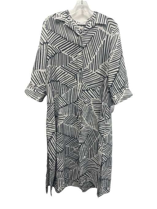 Rosso35 Size 46 White & Navy Blue Linen Geometric Stripe Half Sleeve Dress White & Navy Blue / 46