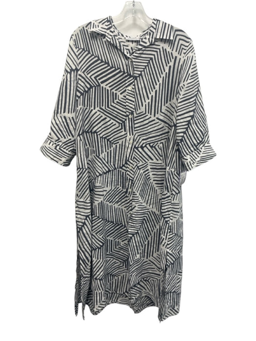 Rosso35 Size 46 White & Navy Blue Linen Geometric Stripe Half Sleeve Dress White & Navy Blue / 46