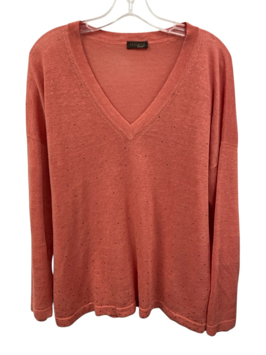 Peserico Size 50 Coral Orange Linen & Cotton Long Sleeve Rhinestone Knit Sweater Coral Orange / 50