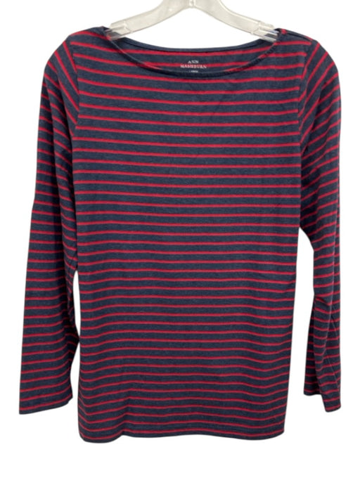 Ann Mashburn Size L Navy Blue & Red Cotton Long Sleeve Stripe Boat Neck Top Navy Blue & Red / L