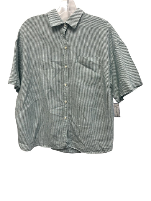 Ann Mashburn Size L Green & White Linen Striped 1/2 Sleeve Button Up Shirt Top Green & White / L