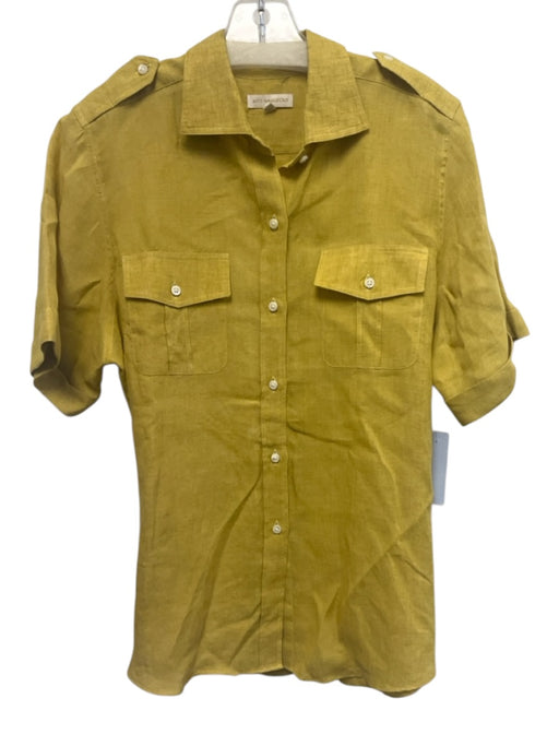 Ann Mashburn Size L Yellow Linen Button Up Short Sleeve Collar Top Yellow / L