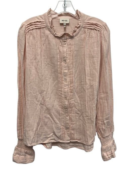ME+EM Size 10 Light Pink Cotton Long Sleeve Pintuck Button Front Ruffles Top Light Pink / 10