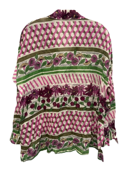 Siyu Size 6 Pink, Green, White Ramie Long Sleeve Floral Button Front Collar Top Pink, Green, White / 6