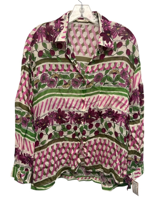 Siyu Size 6 Pink, Green, White Ramie Long Sleeve Floral Button Front Collar Top Pink, Green, White / 6