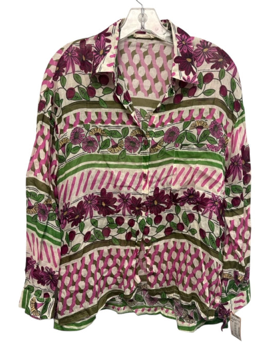 Siyu Size 6 Pink, Green, White Ramie Long Sleeve Floral Button Front Collar Top Pink, Green, White / 6