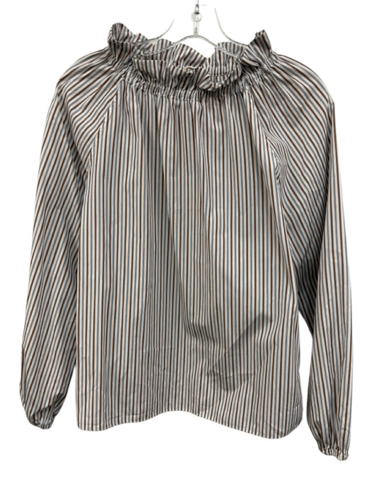 Ann Mashburn Size XS White, Brown & Blue Cotton Striped Long Puff Sleeve Top White, Brown & Blue / XS