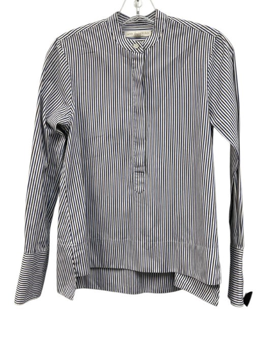 Ann Mashburn Size S White, Blue & Brown Cotton Striped Long Sleeve No Collar Top White, Blue & Brown / S