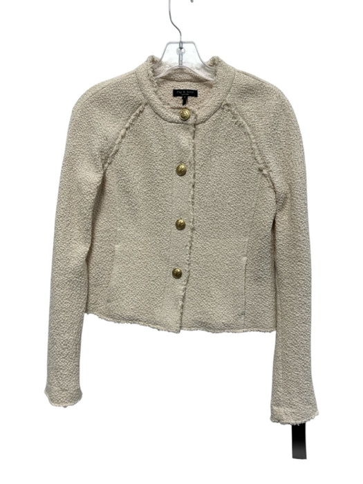 Rag & Bone Size xs / 2 Cream White Cotton Knit Fringe Trim Gold Buttons Jacket Cream White / xs / 2