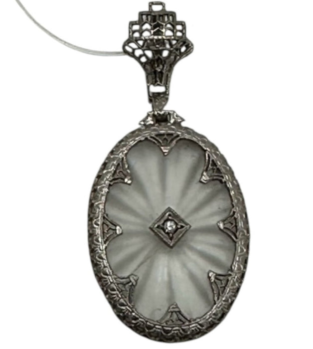 Silver & Clear Metal Crystal Quartz Oval Engraved Pendant Silver & Clear