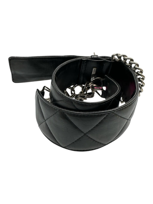 Suzi Roher Black Leather Quilted Silver Tone Hardware Chain Detail Belts Black / Large