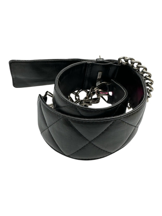 Suzi Roher Black Leather Quilted Silver Tone Hardware Chain Detail Belts Black / Large