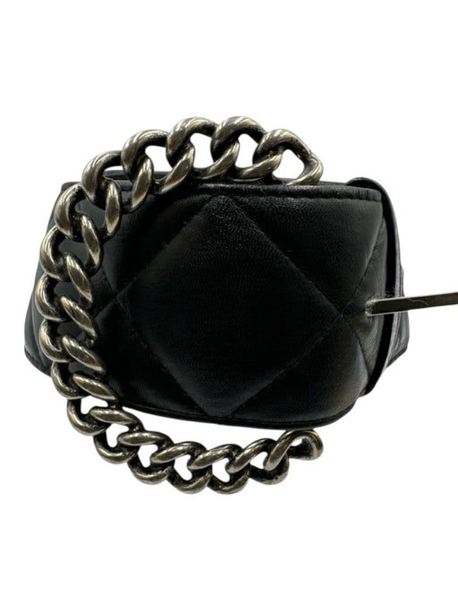 Suzi Roher Black Leather Quilted Silver Tone Hardware Chain Detail Belts Black / Large