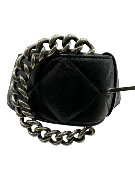 Suzi Roher Black Leather Quilted Silver Tone Hardware Chain Detail Belts Black / Large