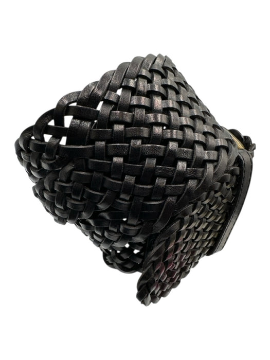Elise M Black Leather Gold Tone Hardware Woven Braided Detail Round Buckle Belts Black / M/L