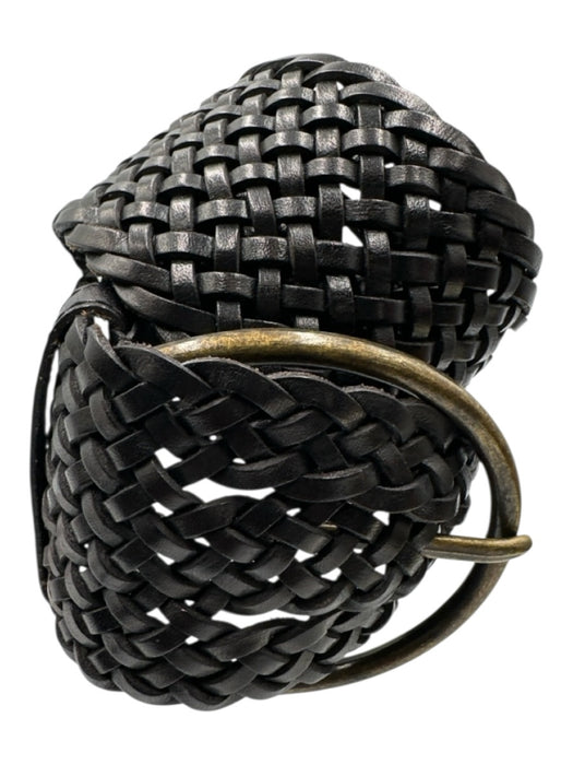 Elise M Black Leather Gold Tone Hardware Woven Braided Detail Round Buckle Belts Black / M/L