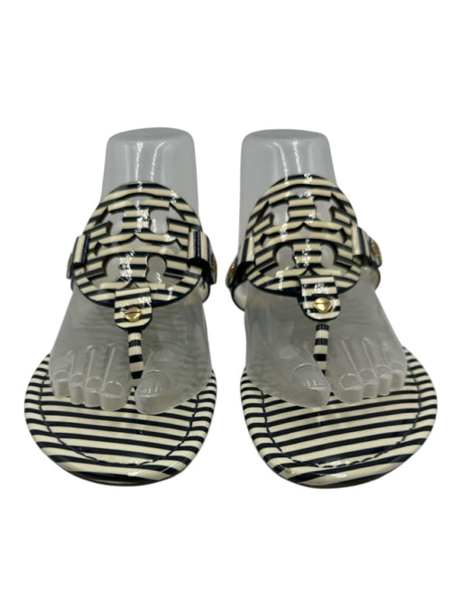Tory Burch Shoe Size 9 Cream White & Midnight Blue Leather Upper Patent Sandals Cream White & Midnight Blue / 9